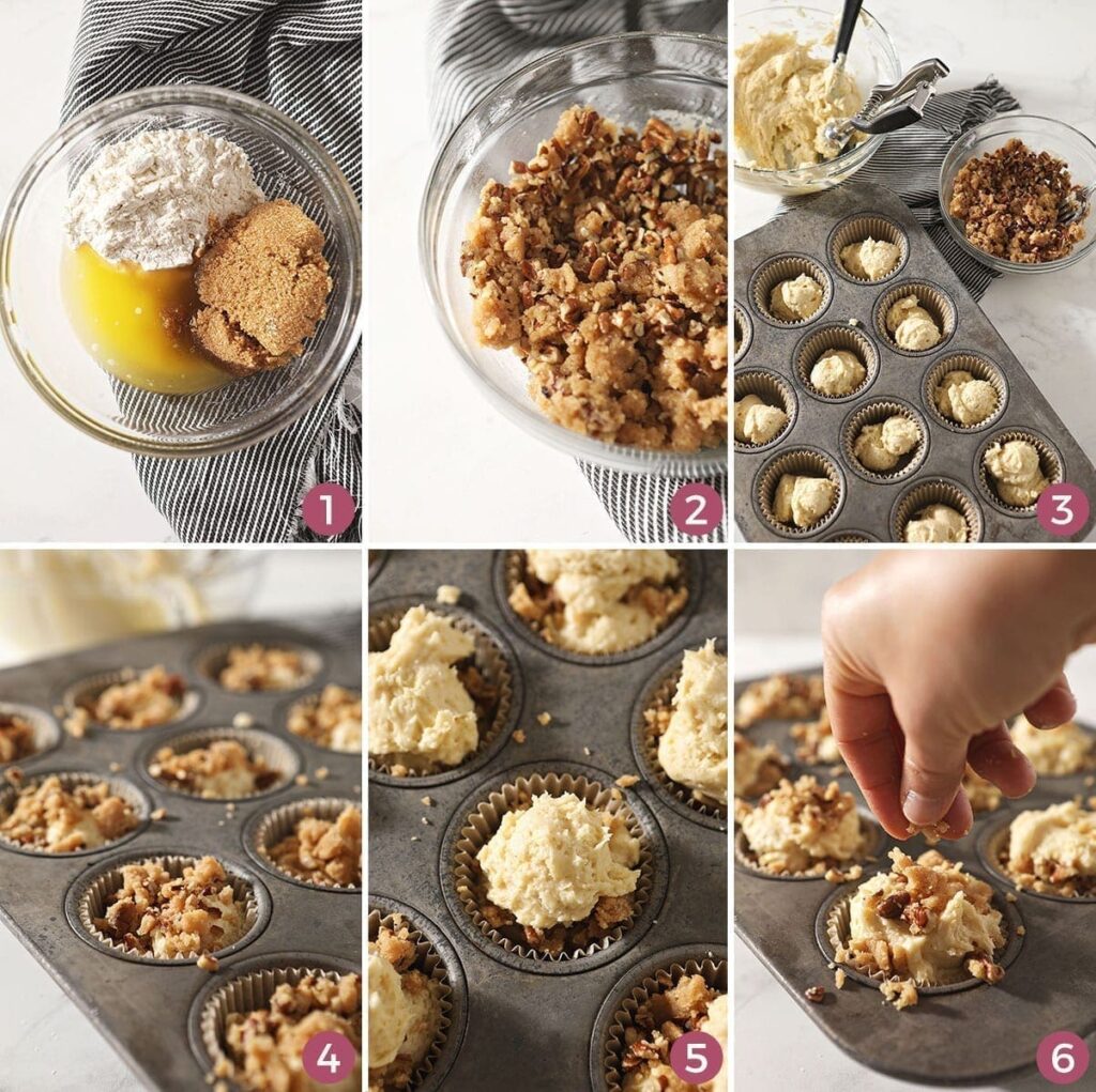 A collage of six images showing how to put together the pecan streusel topping and the muffins before baking