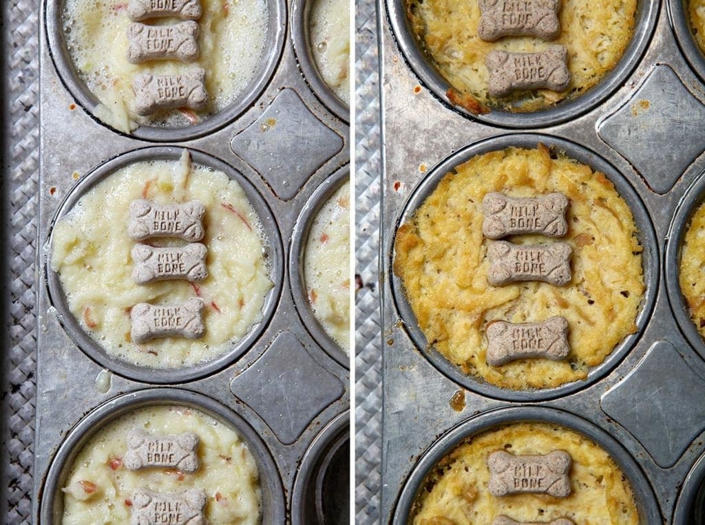 Over head view of milkbone apple pupcakes in cupcake pan 