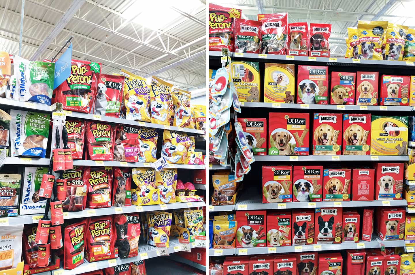 Dog treats in grocery store aisle 