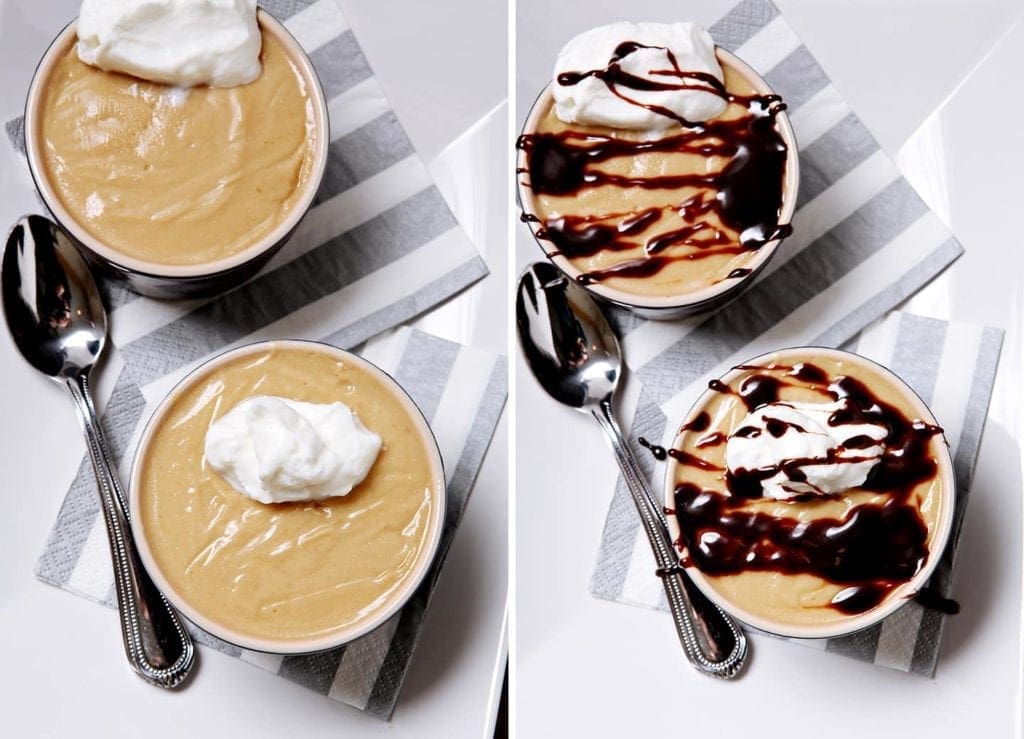 Overhead view of two bowls of butterscotch pudding with spoons 