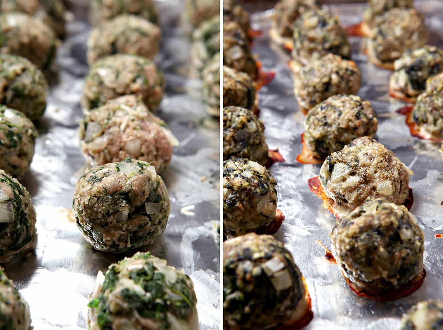 Row of meatballs on baking sheet 