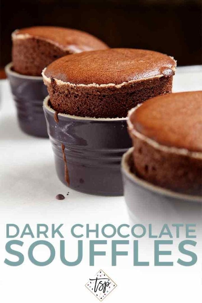 Pinterest image for Dark Chocolate SoufflŽes, featuring three risen chocolate souffles