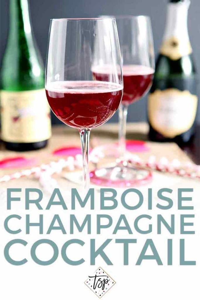 Pinterest graphic for Framboise Champagne Cocktail, featuring two glasses of the drink together on a decorated tabletop