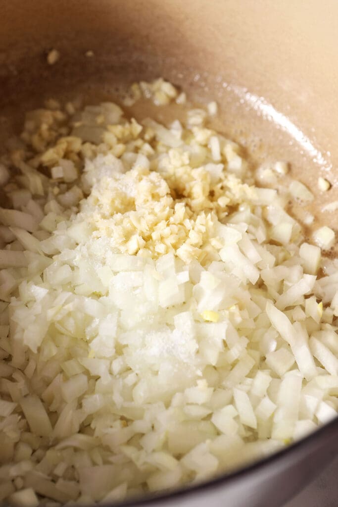 Chopped onion and garlic in a dutch oven, before cooking