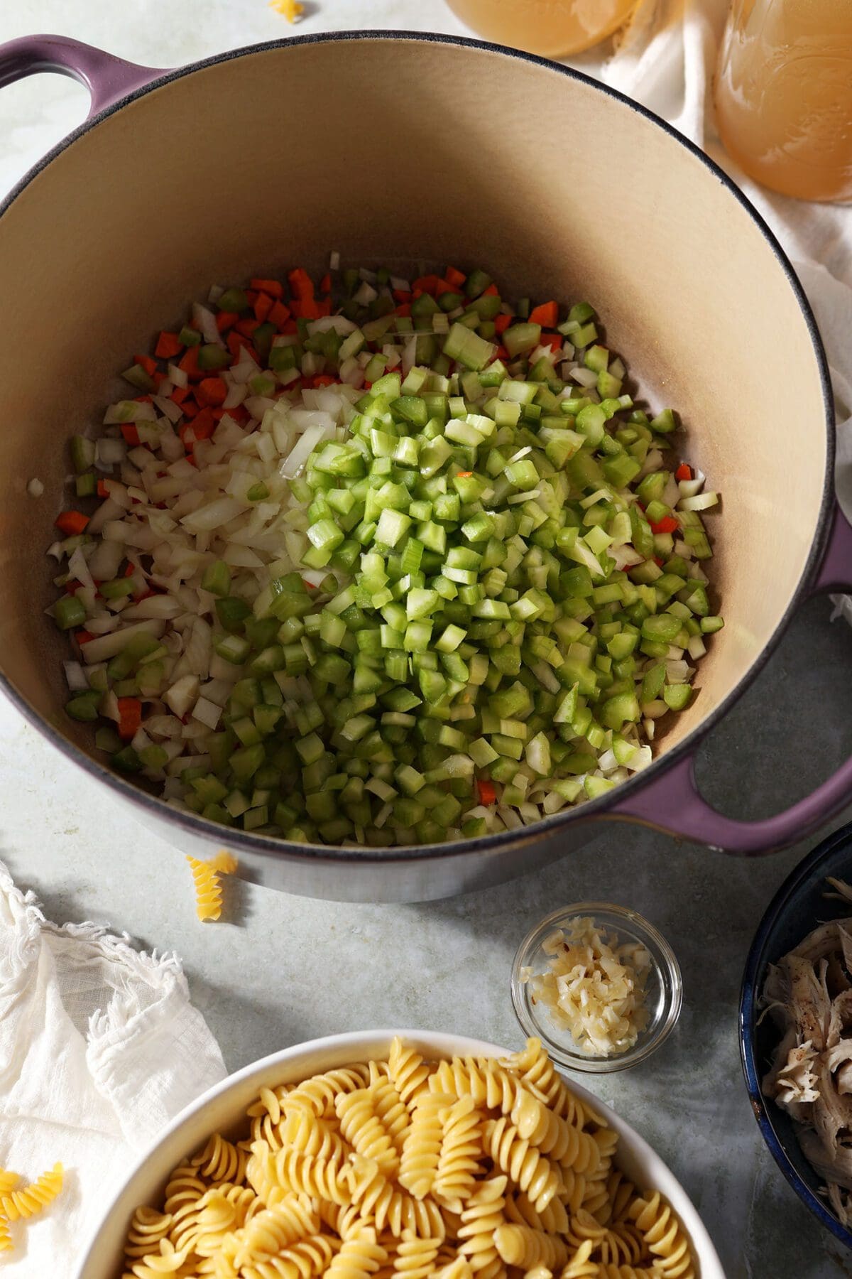 Mirepoix in a Dutch oven before cooking down