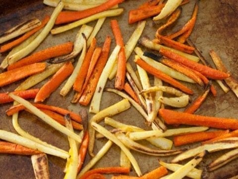 Parsnip Fries on baking sheet