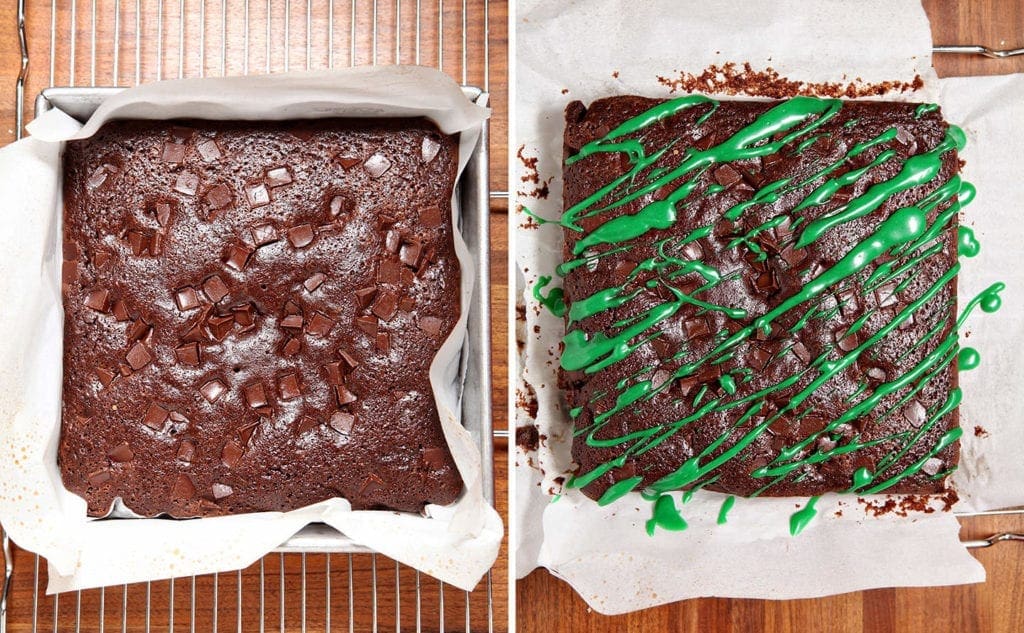 Collage of two images showing brownie ingredients and final baked and decorated brownies