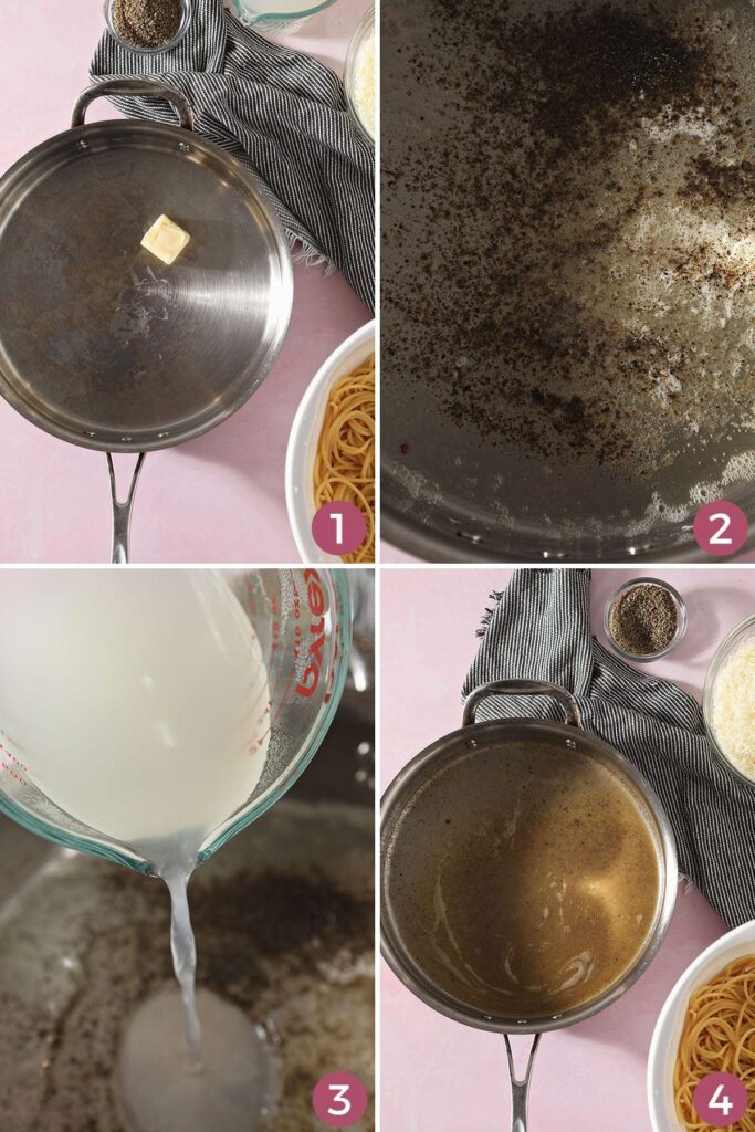 Collage of four images showing how to make cacio e pepe sauce