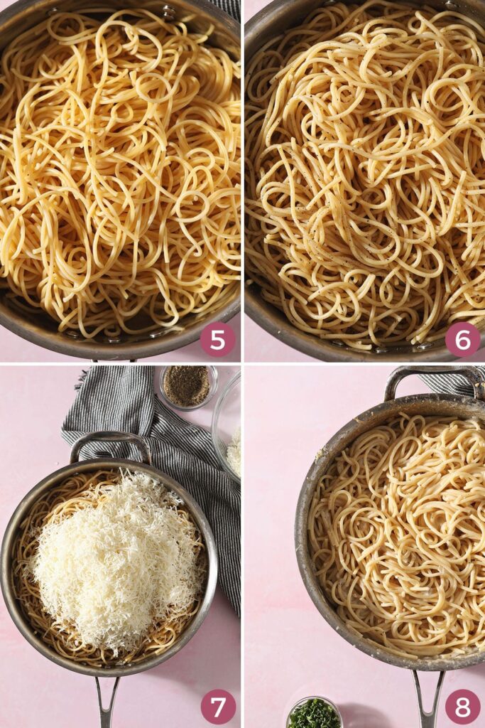 Collage of four images showing how to toss pasta in sauce