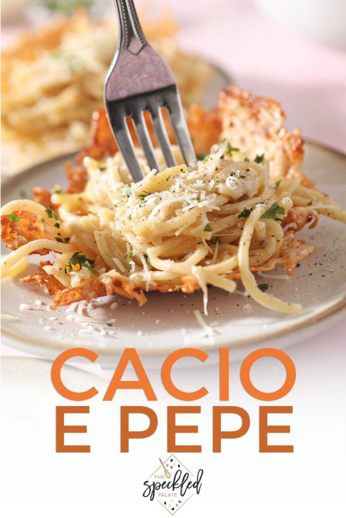 A fork twirls in a stack of pasta in a parmesan bowl with the text cacio e pepe