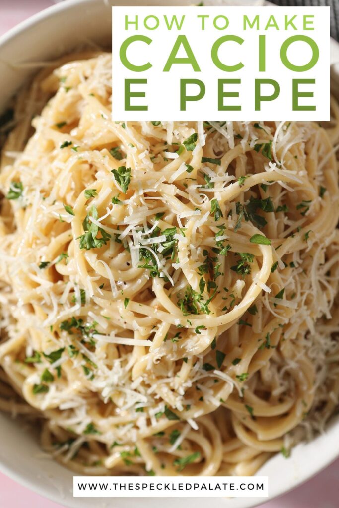 A bowl of authentic cacio e pepe garnished with cheese and parsley with the text how to make cacio e pepe