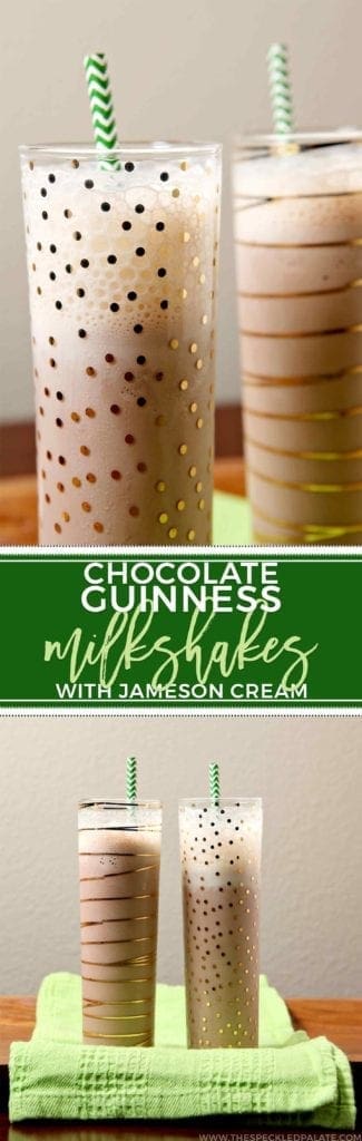 Collage of two images showing gold-decorated glasses holding boozy milkshakes with the text 'chocolate guinness milkshakes with jameson cream'