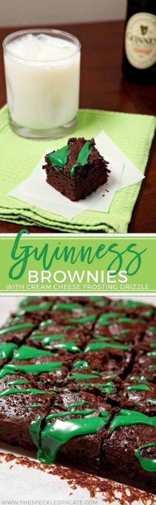 A collage of two images showing Guinness brownies drizzled with green cream cheese frosting at two different angles with the text 'Guinness brownies'