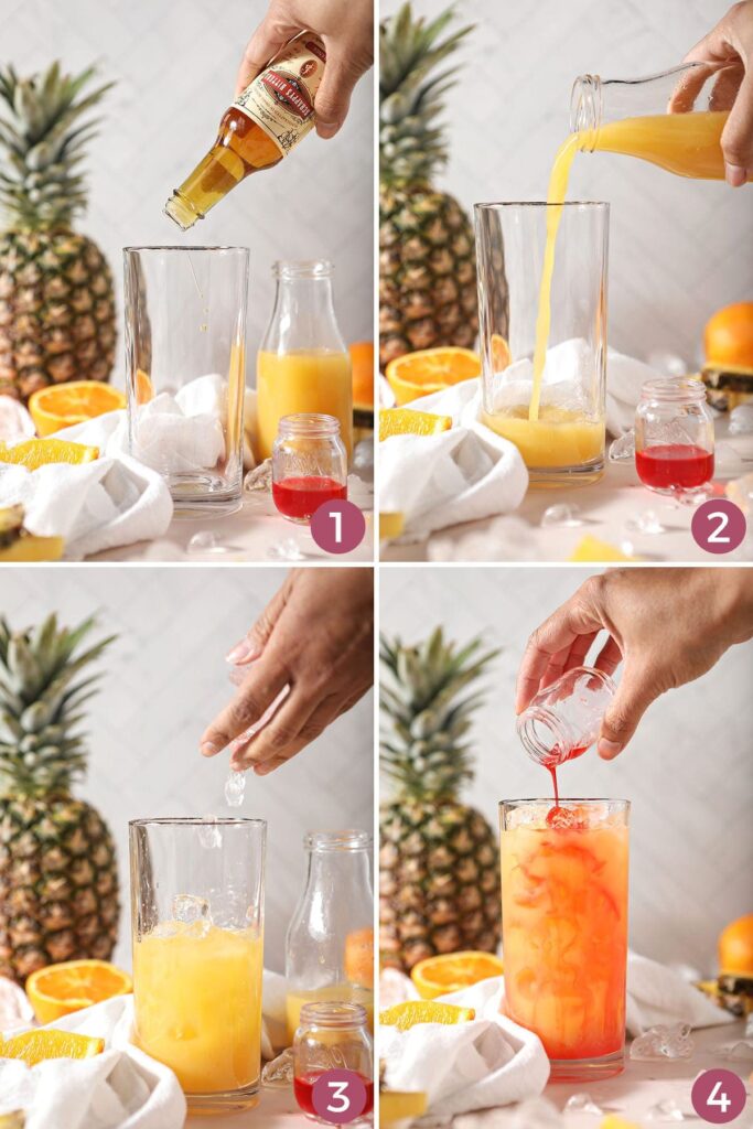 Collage of four images showing how to make an orange cocktail with pineapple