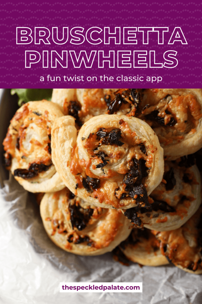 Close up of puff pastry pinwheels in a bowl from above with the text bruschetta pinwheels a fun twist on the classic appetizer