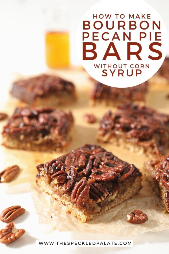 Sliced Bourbon Pecan Pie Bars sit on wax paper with the text 'how to make bourbon pecan pie bars without corn syrup'