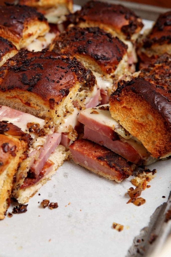 A tray of Ham Goo Sandwiches, fresh from the oven and ready to be eaten