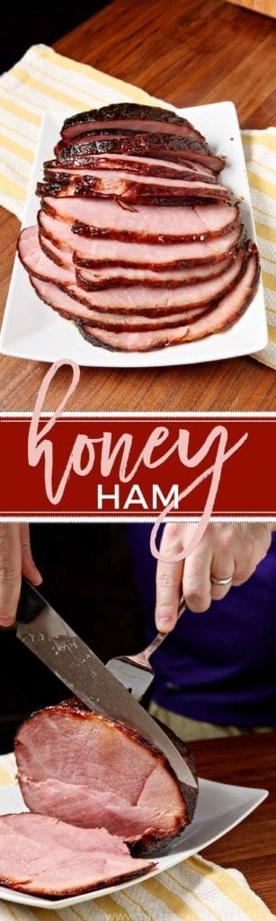 A collage of two images showing a final ham sliced and another of a person slicing the ham with the text 'honey ham'