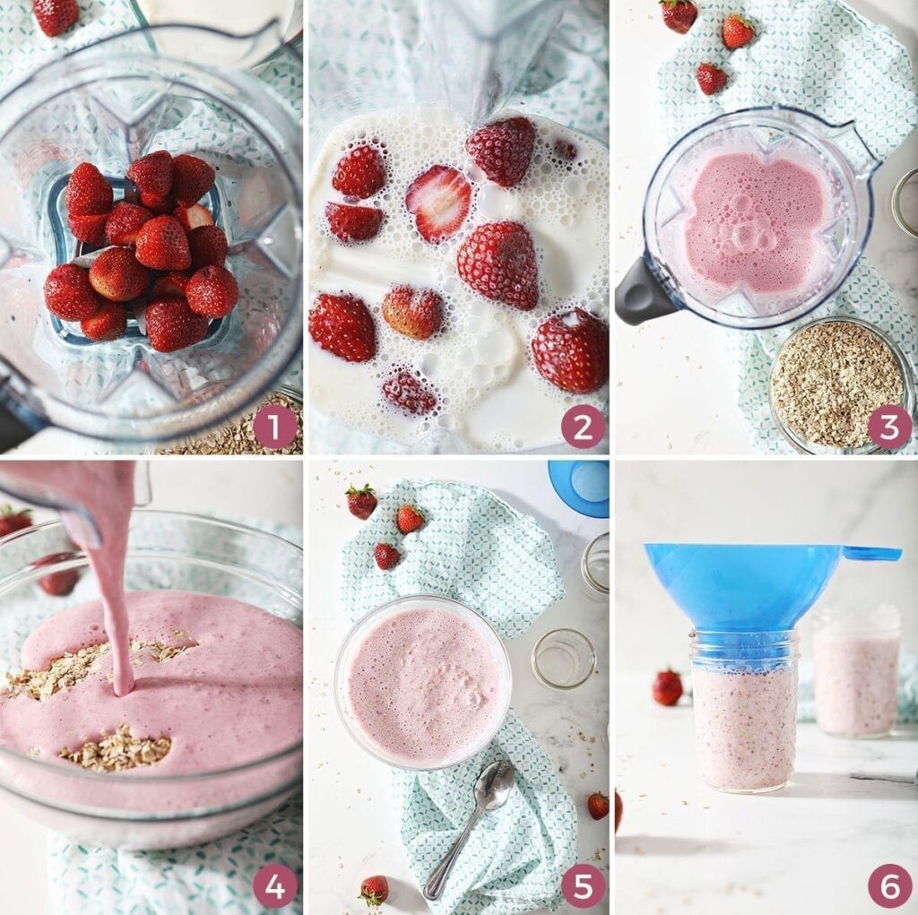 Collage of six images showing how to make and prepare strawberry overnight oats