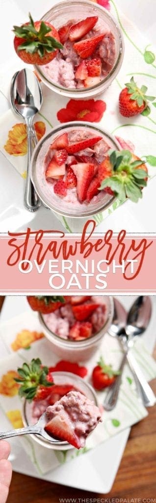 Collage of two images showing strawberry overnight oats from different angles with the text 'strawberry overnight oats'