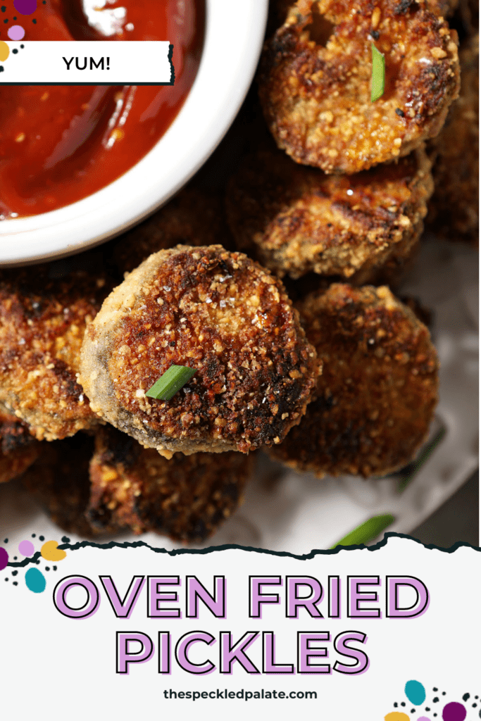 Close up of a white plate of baked pickle chips next to a dipping sauce with the text Oven Fried Pickles