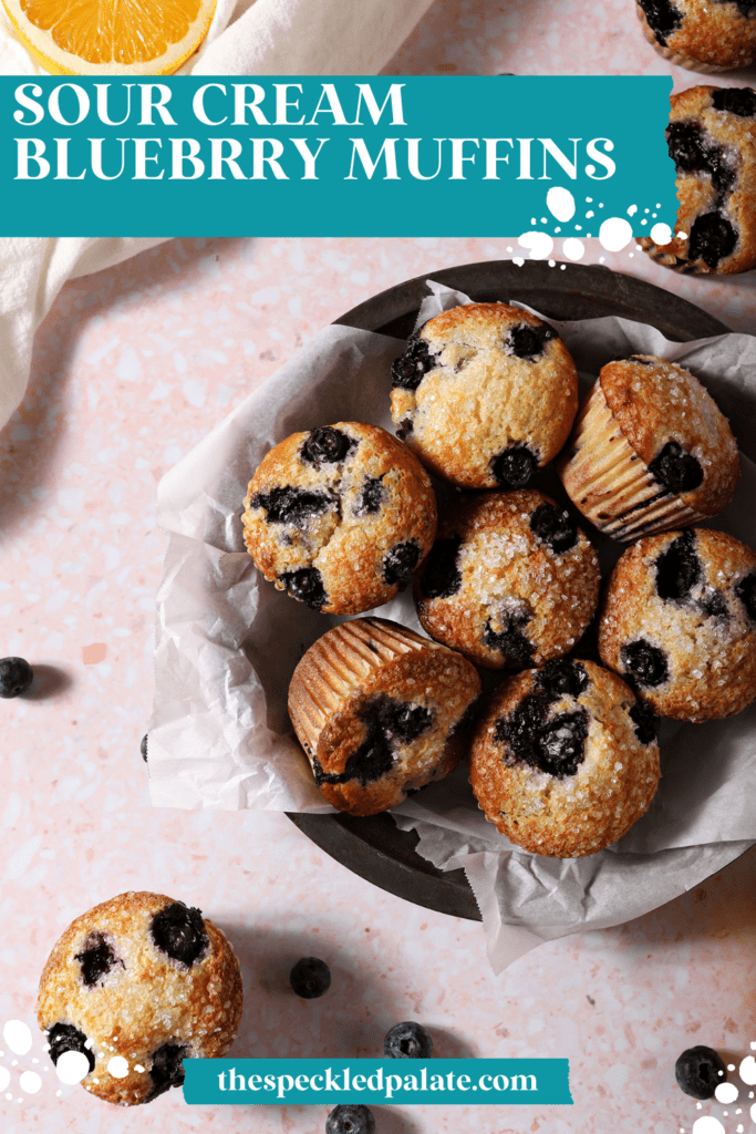 A bowl of Blueberry Muffins in a bowl on a pink surface surrounded by more muffins, orange wheels and blueberries with the text sour cream blueberry muffins