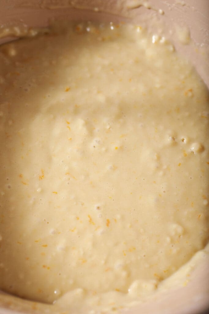 Close up of blueberry muffin batter before blueberries are added