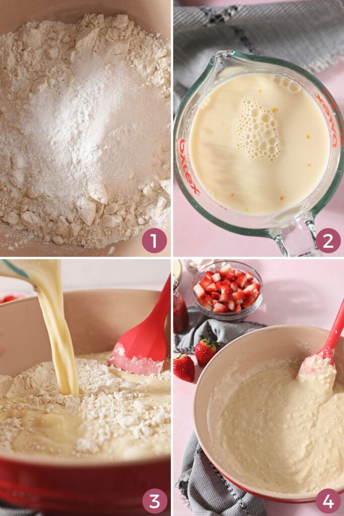 Collage of four images showing how to make strawberry pancake batter