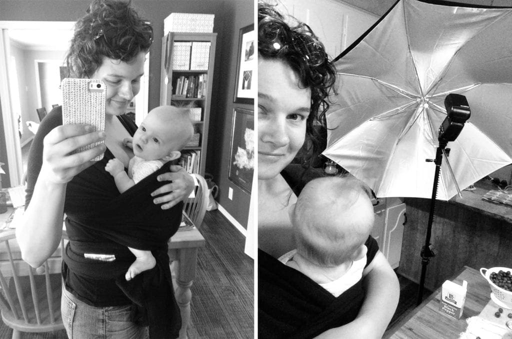 Collage of two portraits of Erin and Lady A, her daughter in a baby carrier, ready to photograph the Blueberry Pecan Feta Salad