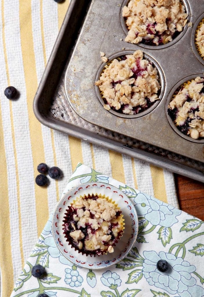 A plate of food on a table, with Muffin and Crumble