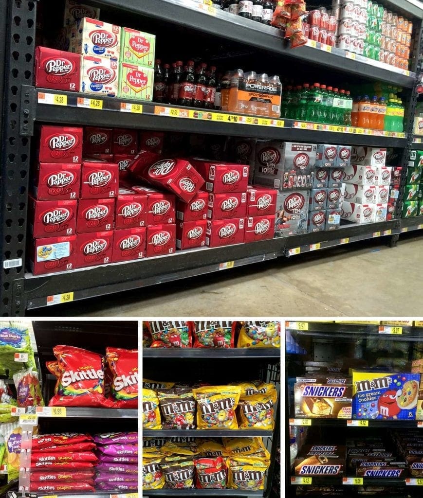 candy and soda aisle at a grocery store