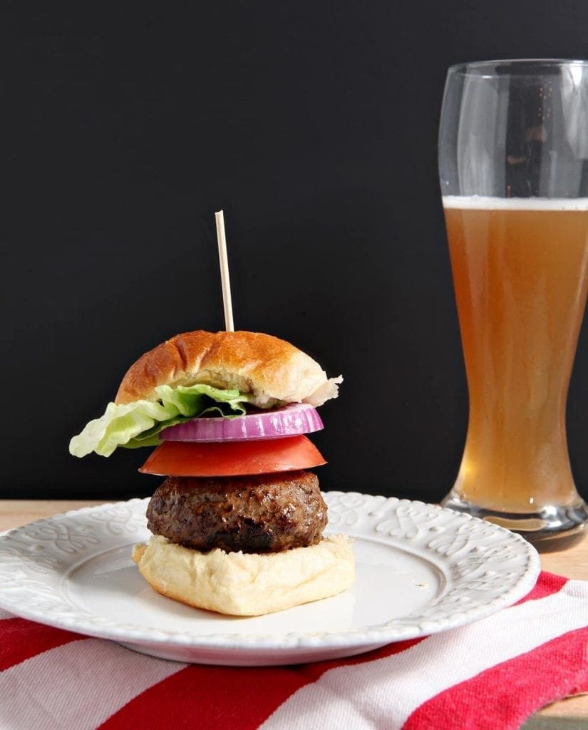 slider side view with toothpick and beer