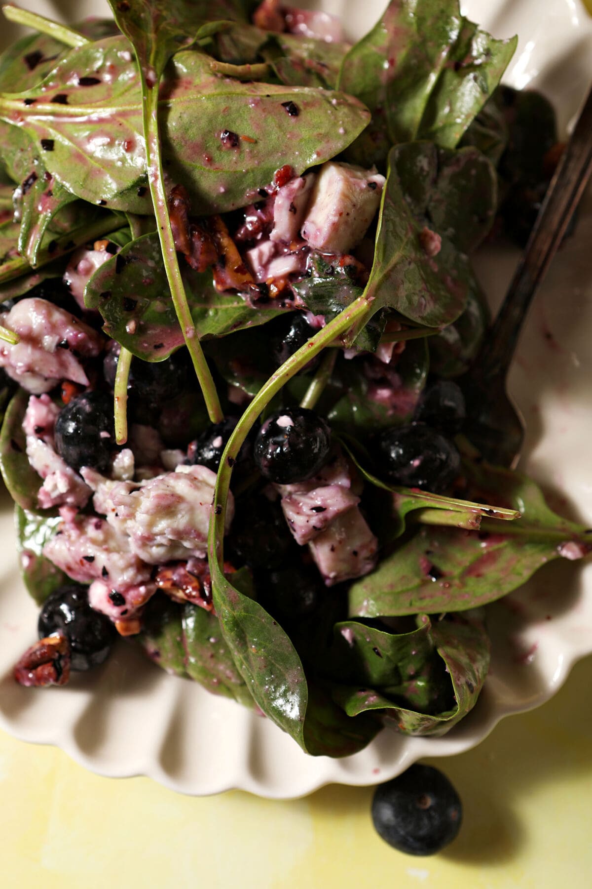 Close up of a blueberry salad with chicken, feta and pecans on a white scalloped plate