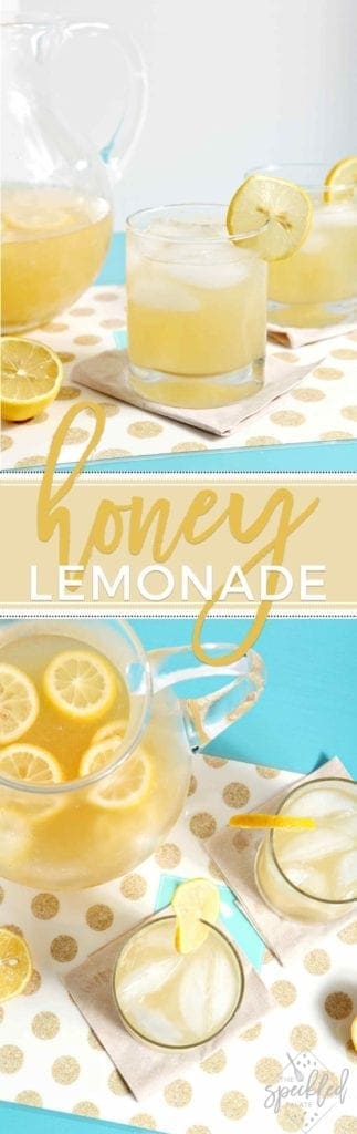 Collage of two images showing two glasses of lemonade next to a pitcher from different angles and the text 'honey lemonade'