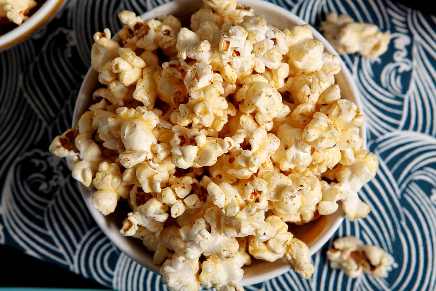 overhead close up of buttered popcorn