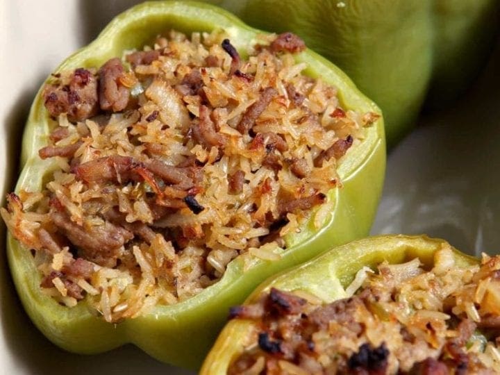 jambalaya stuffed peppers in a dish