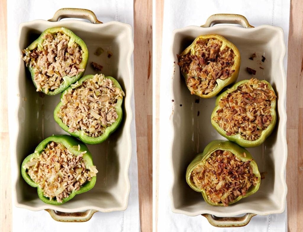 Overhead view of turkey jambalaya stuffed bell peppers in dish 