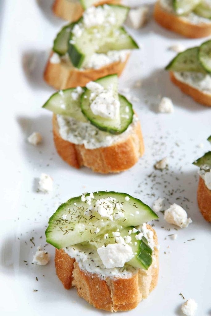 Close up of Cucumber Bruschetta on a white platter