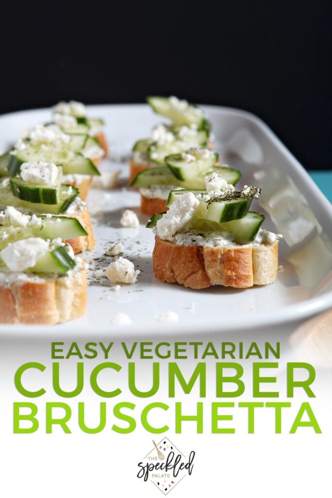 A white platter holds several cucumber bruschetta, garnished with additional cheese and herbs, with the text 'easy vegetarian cucumber bruschetta'