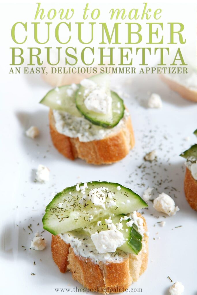 Close up of a few cucumber bruschetta on a white platter with the text 'how to make cucumber bruschetta. an easy, delicious summer appetizer'