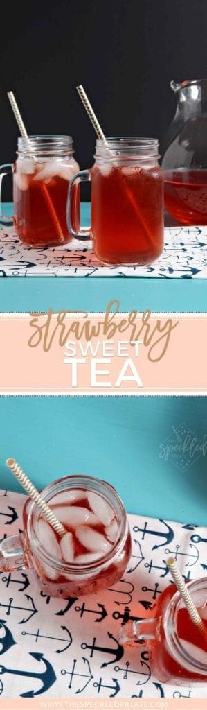 Pinterest collage of two images featuring glasses of fruit tea on a turquoise table with the text 'strawberry sweet tea'