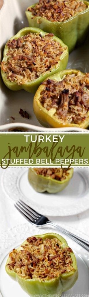 Overhead angled view of Turkey Jambalaya Stuffed Bell Peppers 