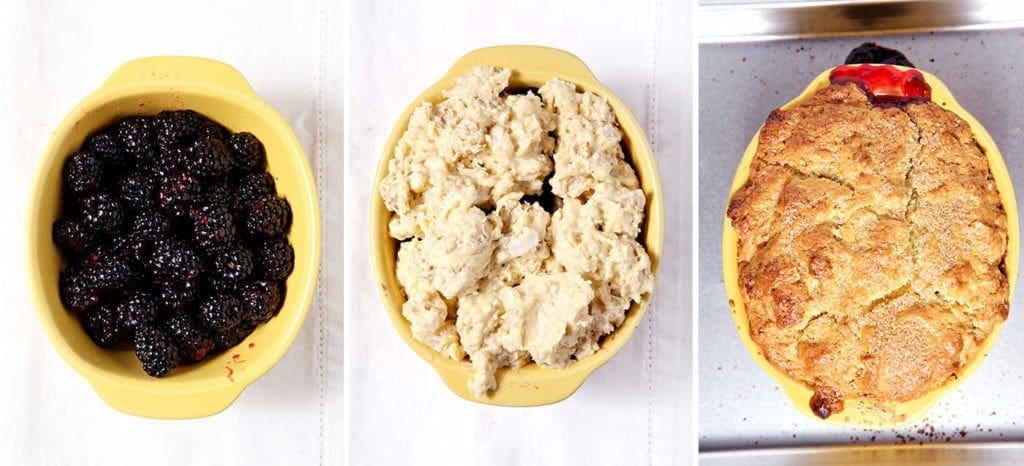 Three pictures of blackberries, dough and baked cobbler in yellow dish 