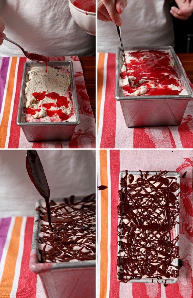 Spoon drizzling sauce on top of a container of raspberry gelato