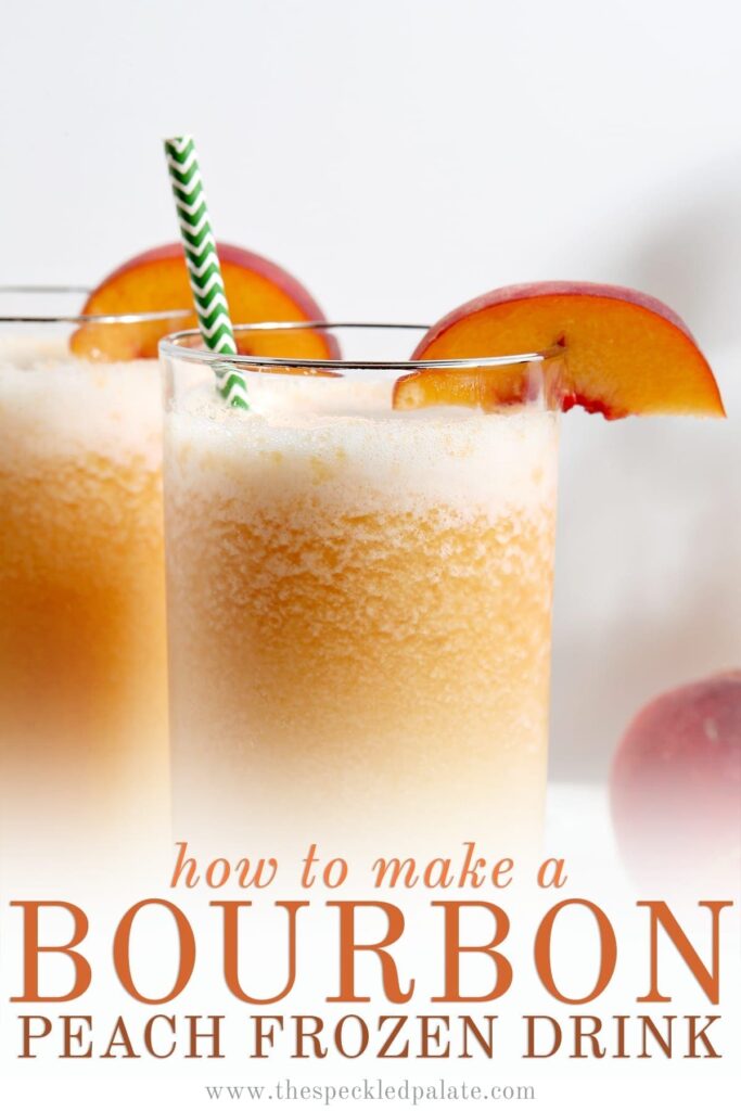 Close up of two highballs of orange peach slush with the text "how to make bourbon peach frozen drink"