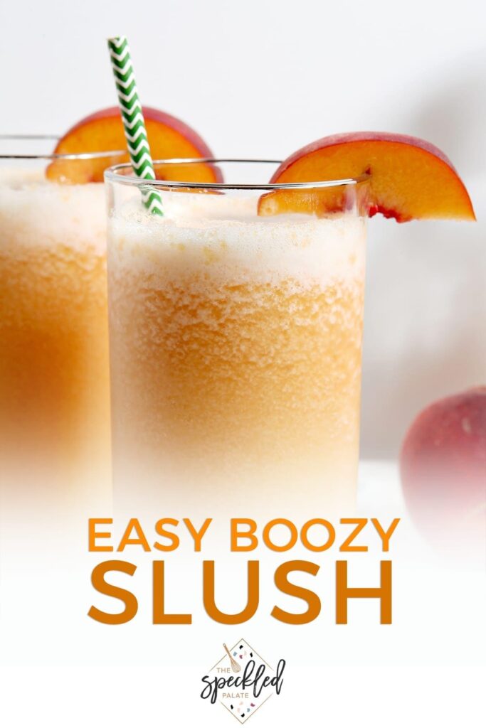 Close up of two highballs of orange peach slush with the text "easy boozy slush"