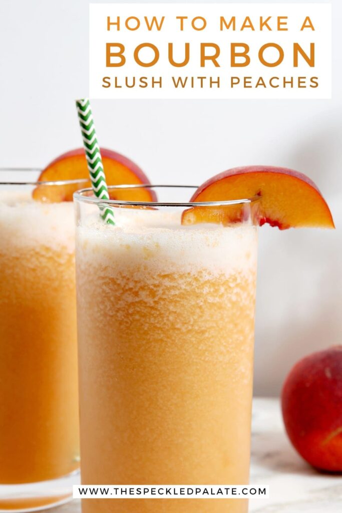 Close up of two highballs of orange peach slush with the text "how to make bourbon slush with peaches"