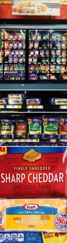 Cheese packages in grocery store aisle