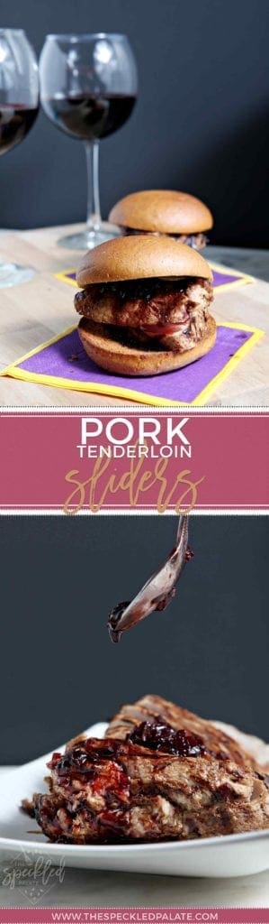 Pork Tenderloin Sliders with 2 glasses of red wine and sauce 