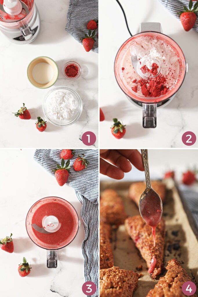 A collage of four images showing how to make a strawberry glaze in a food processor and then the glaze being added to a scone